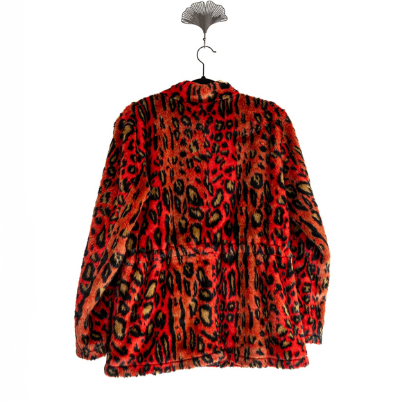 Nicole Miller Red Leopard Faux Fur Anorak Jacket Zip Drawstring Waist - Size P - Picture 7 of 9